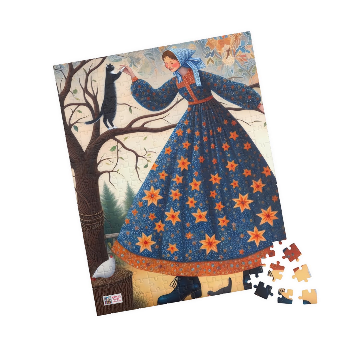 Barnyard Frolic Jigsaw Puzzle (110, 252, 520, 1014-piece). Quirky, Joyful Farm Dance with Chickens and a Black Cat. Family Fun Gift Idea