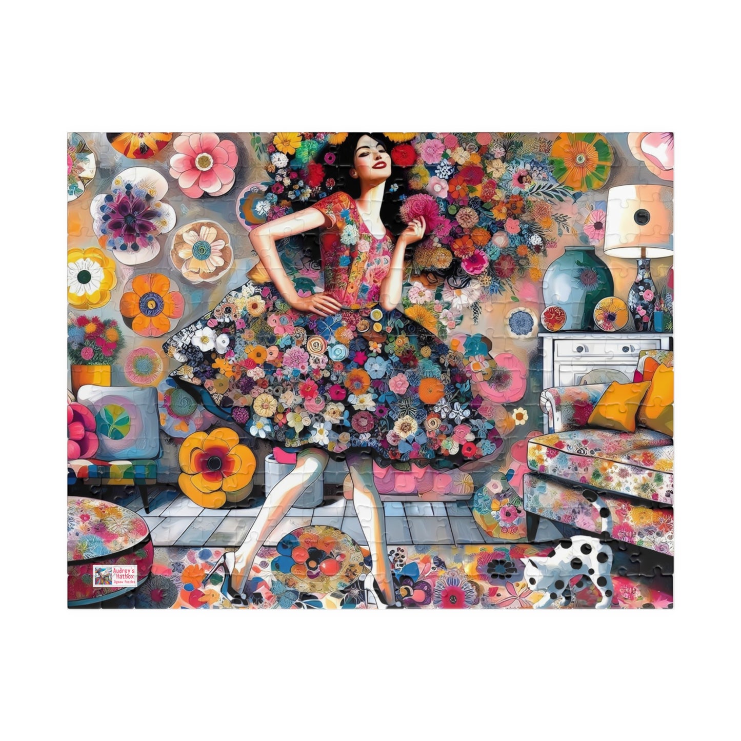 Mad About Flowers Jigsaw Puzzle (110, 252, 520, 1014-piece). Charming Floral Chaos in a Whimsical Scene with a Polka Dot Cat. Fun Gift Idea.