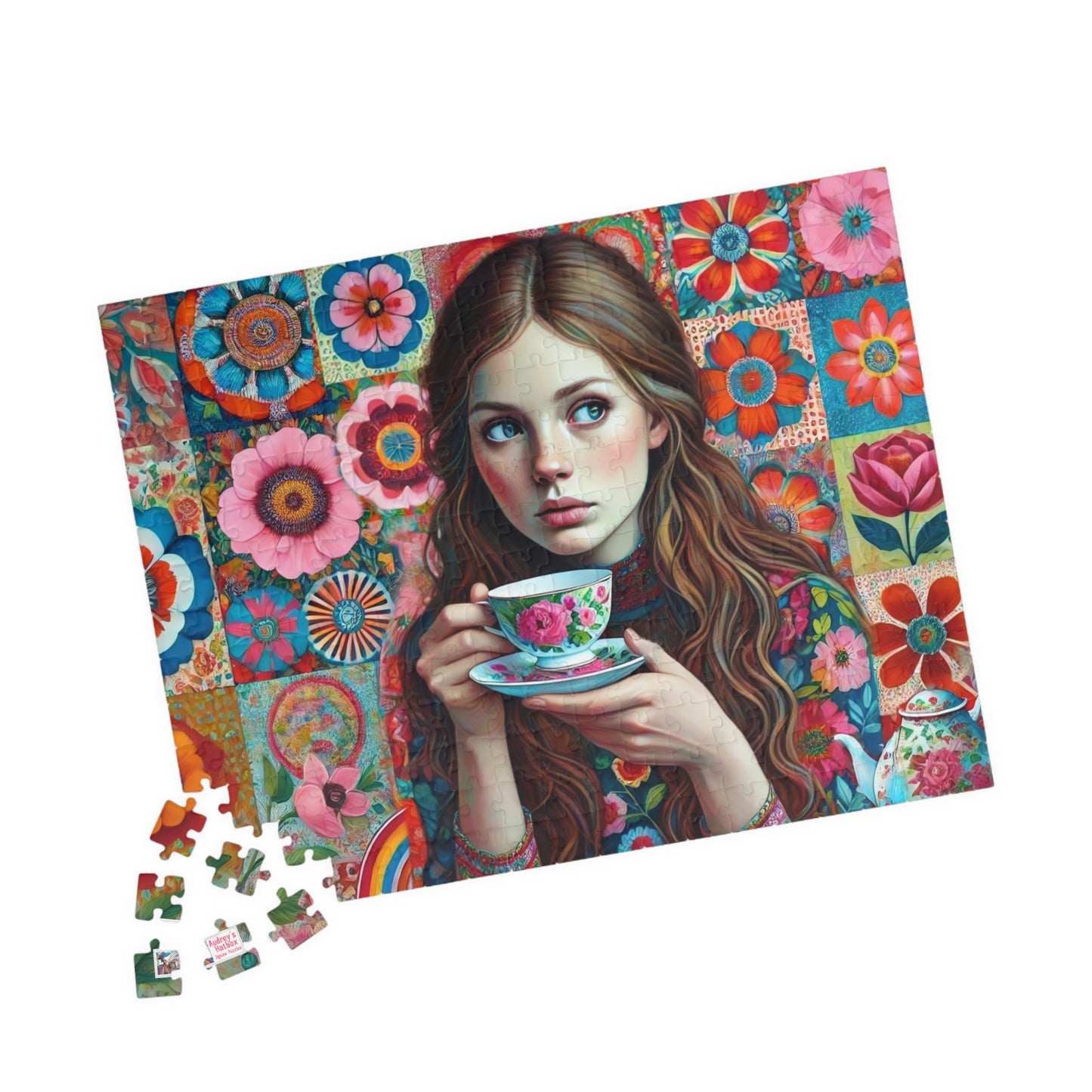 Wallflower Jigsaw Puzzle (110, 252, 520, 1014-piece). Intricate floral patterns and a cup of tea. Pretty and whimsical gift idea.