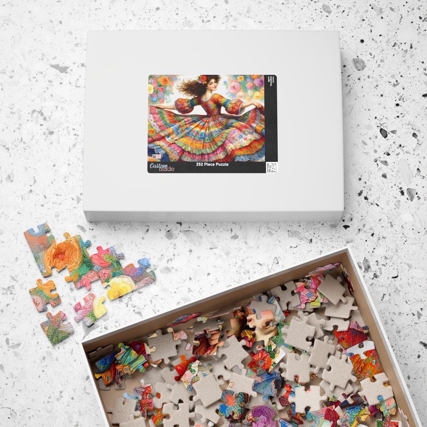 Pretty Twirl Jigsaw Puzzle (110, 252, 520, 1014-piece). Dancing girl in patchwork dress, multi coloured. Family fun, challenging gift idea