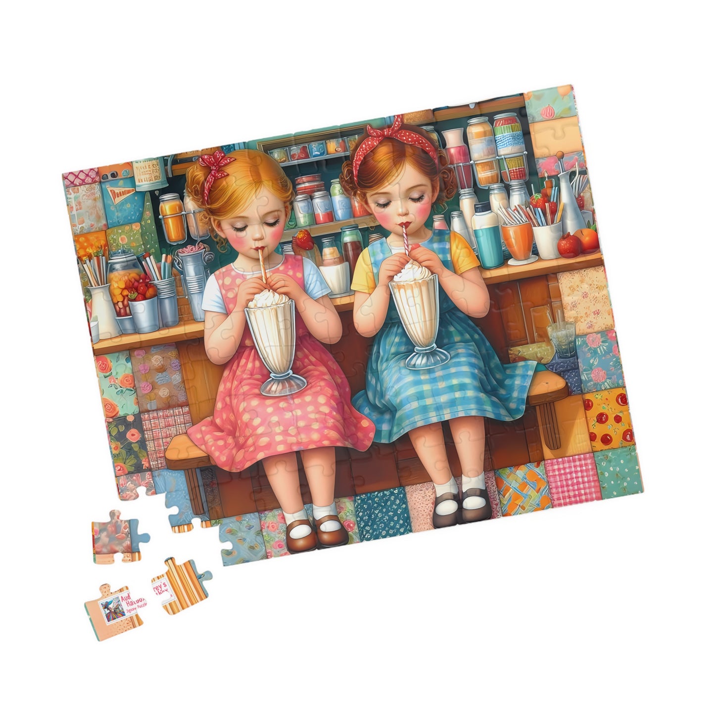 Milkshake Maids Jigsaw Puzzle (110, 252, 520, 1014-piece). Sweet vintage patchwork milk bar scene. Fun family game, children's gift idea