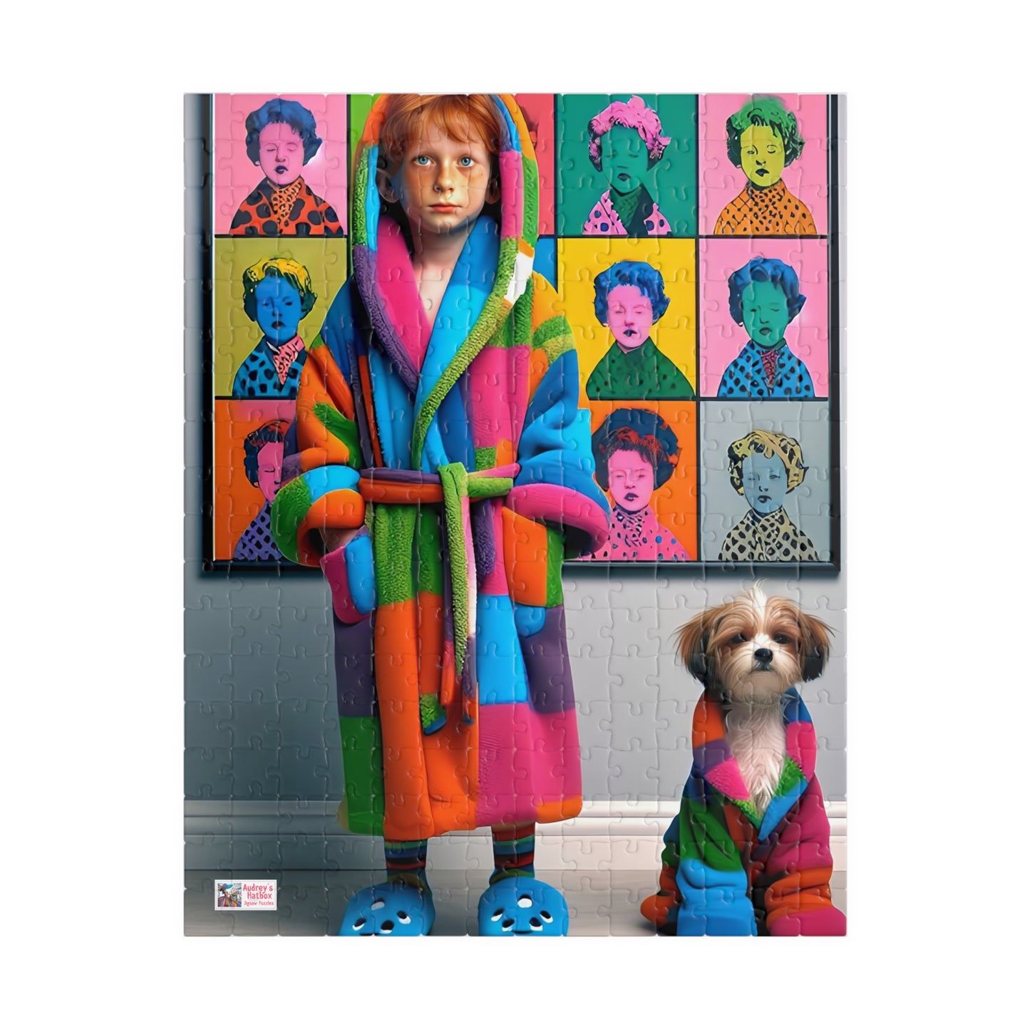 Pop Art Pajama Party Jigsaw Puzzle (110, 252, 520, 1014-piece). Cute and quirky boy and dog in matching bathrobes. Fun gift. Family game.