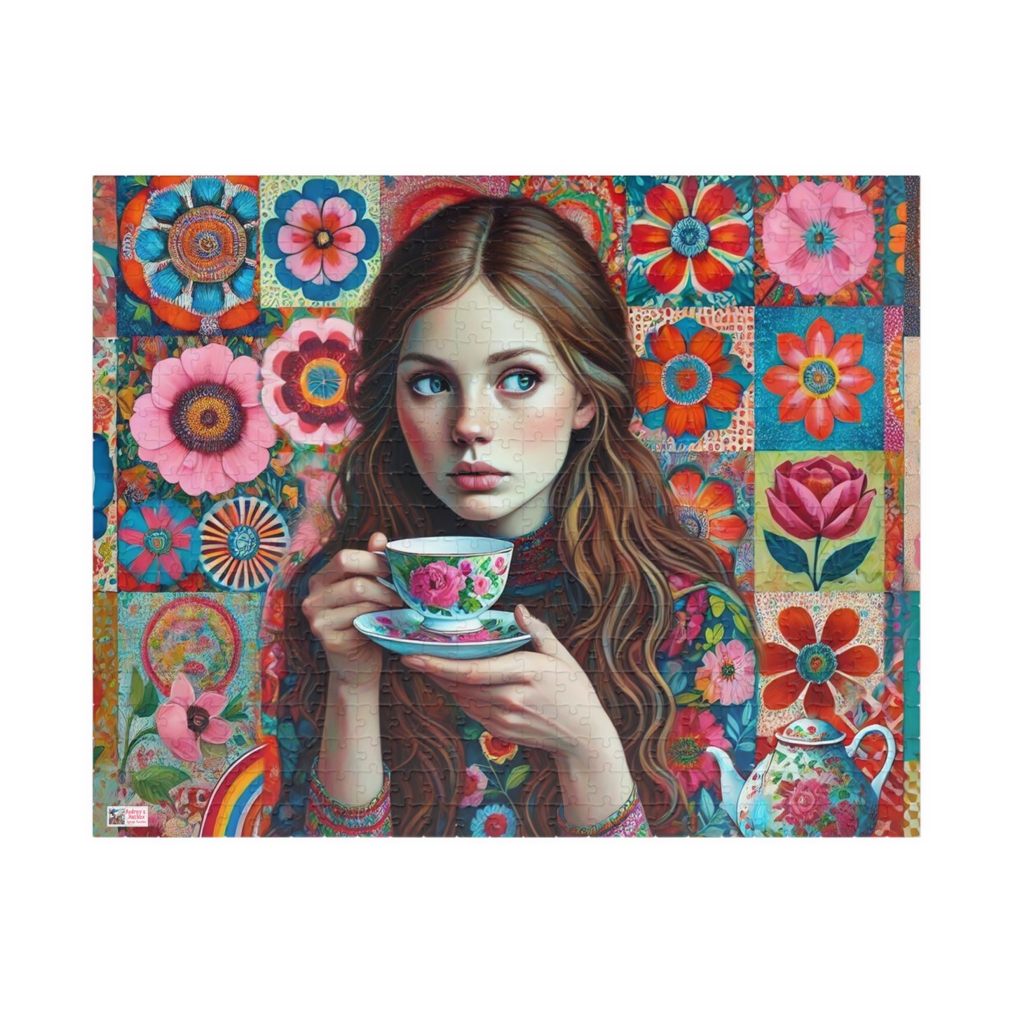 Wallflower Jigsaw Puzzle (110, 252, 520, 1014-piece). Intricate floral patterns and a cup of tea. Pretty and whimsical gift idea.