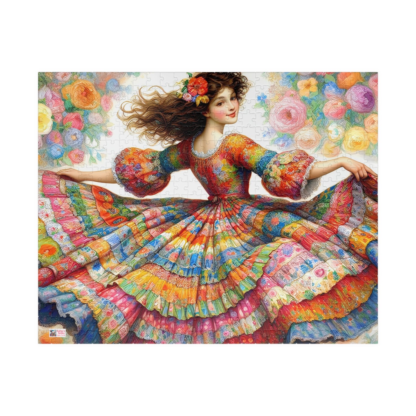 Pretty Twirl Jigsaw Puzzle (110, 252, 520, 1014-piece). Dancing girl in patchwork dress, multi coloured. Family fun, challenging gift idea