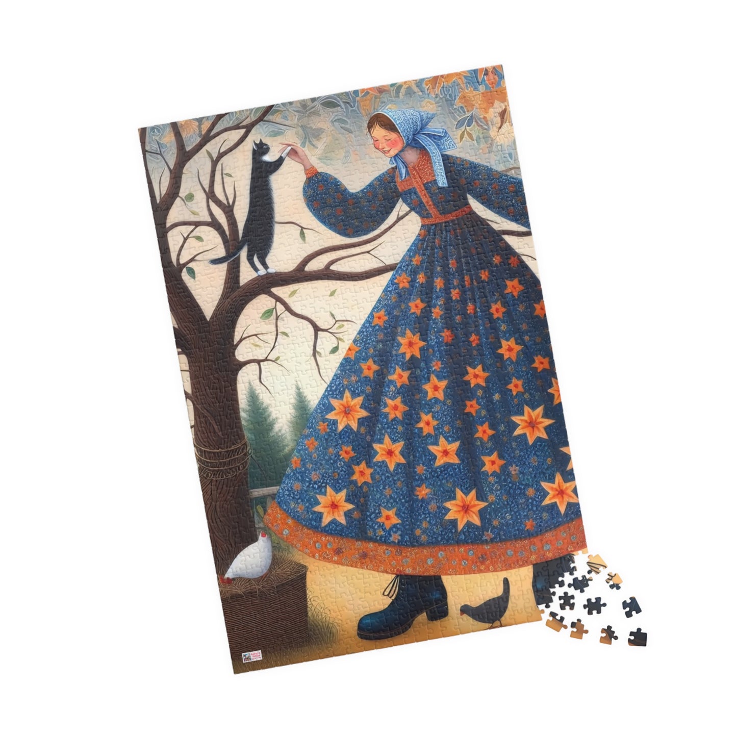 Barnyard Frolic Jigsaw Puzzle (110, 252, 520, 1014-piece). Quirky, Joyful Farm Dance with Chickens and a Black Cat. Family Fun Gift Idea