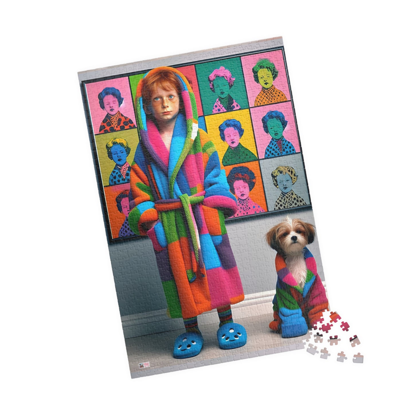 Pop Art Pajama Party Jigsaw Puzzle (110, 252, 520, 1014-piece). Cute and quirky boy and dog in matching bathrobes. Fun gift. Family game.