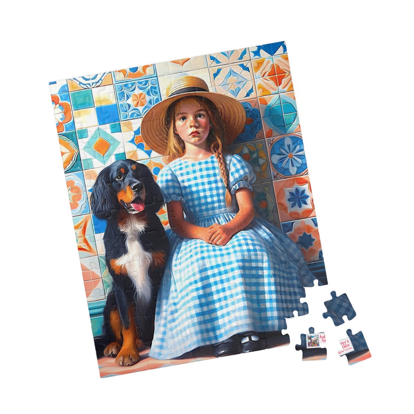 Little Girl in Gingham Jigsaw Puzzle US: Nostalgic Childhood Scene with Pet Dog (110-1014-piece)
